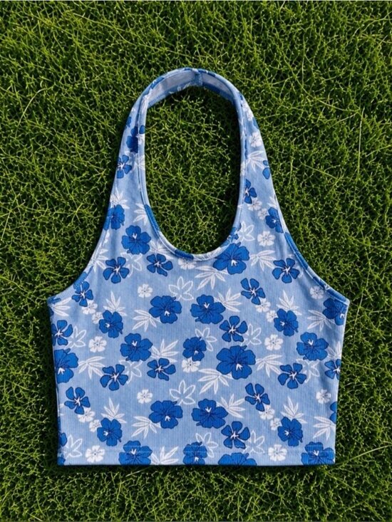SHEIN Other - * Floral Knit Ribbed Halter Top Size 8 Blue White
